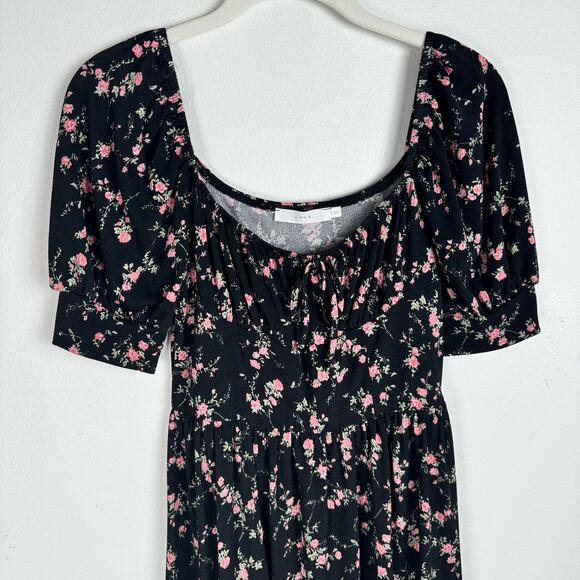 Lush Floral Midi Dress Size S Tie Bust Short Sleeve Black Pink Coquette Bow - Picture 8 of 8